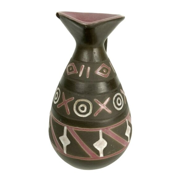 Art Pottery Boho Style Ceramic Oil Syrup Pitcher Brown & Red Graphic Design - Picture 2 of 7